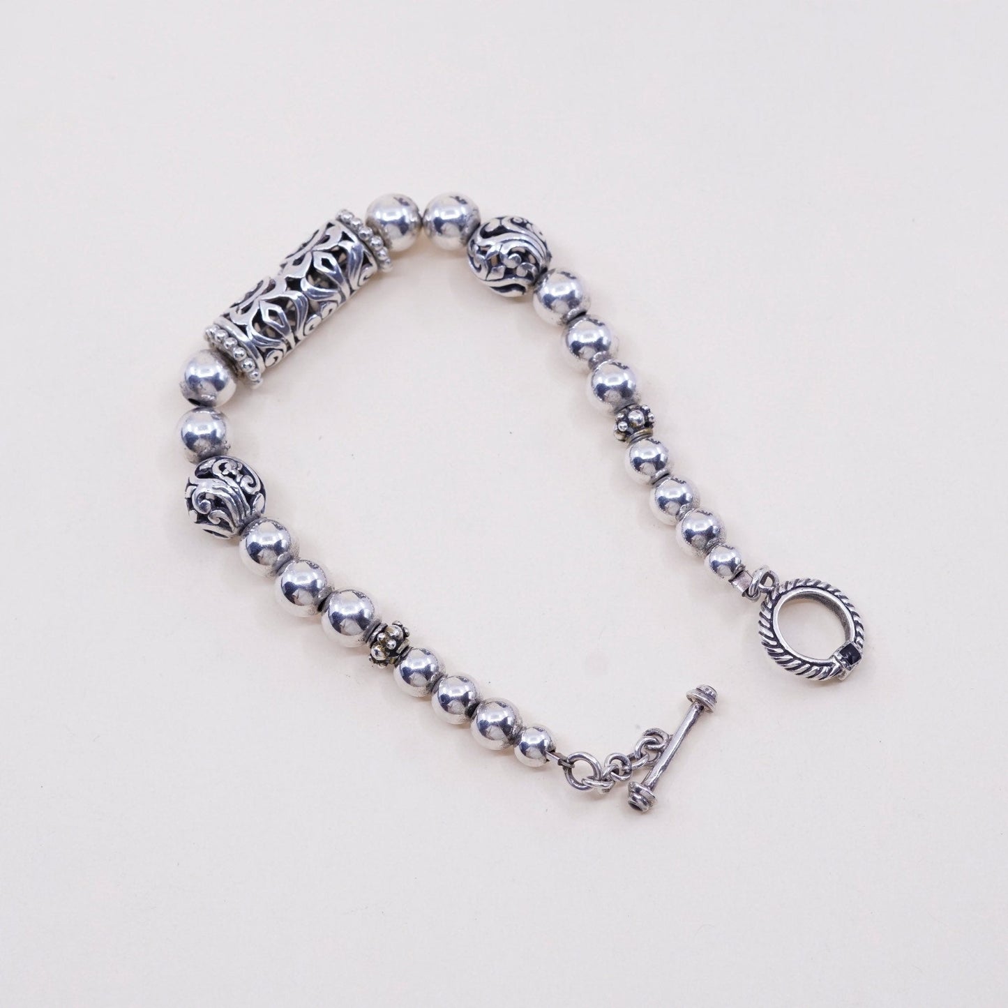 6.75”, vtg Sterling silver handmade bracelet, Mexico 925 Filigree bar w/ beads