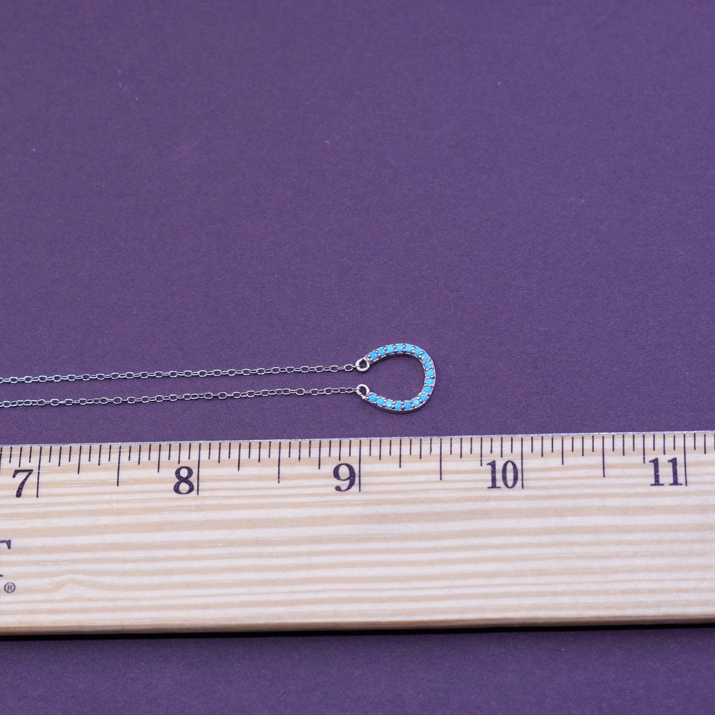 18”, Sterling silver necklace, 925 circle chain horseshoe blue crystal pendant