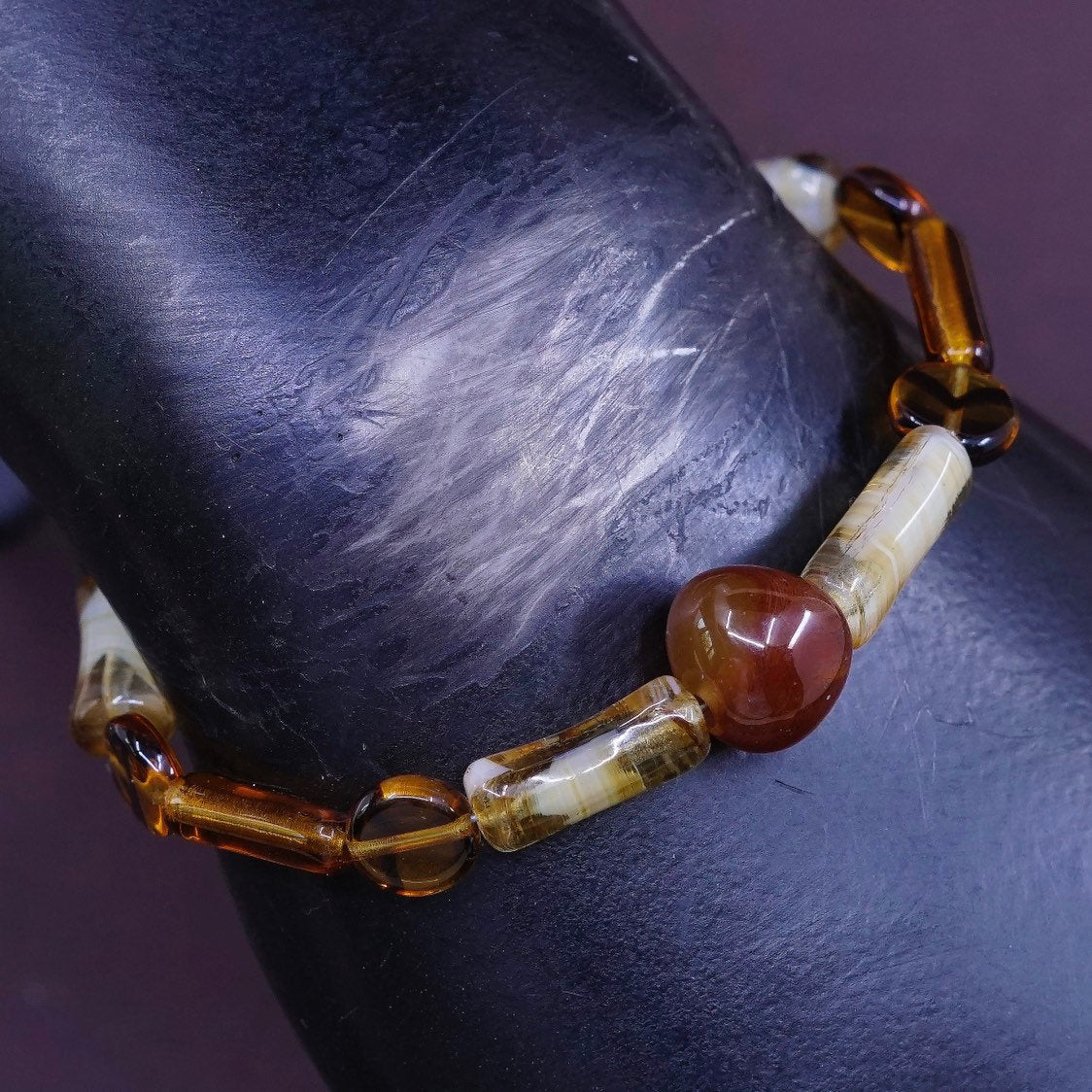6.75", vtg Sterling silver handmade bracelet, 925 clasp w/ Amber agate