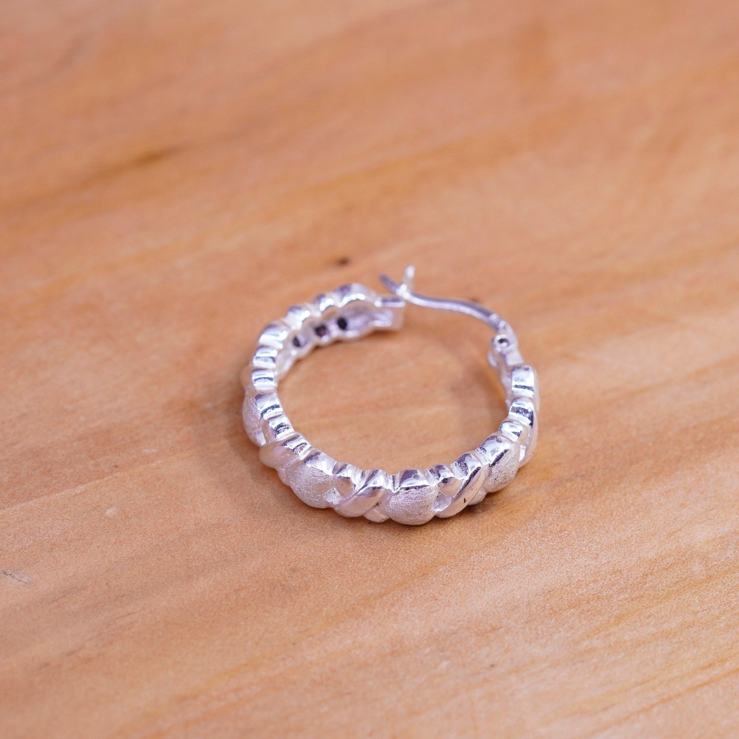 0.75”, Vintage Sterling silver handmade earrings, 925 heart textured hoops
