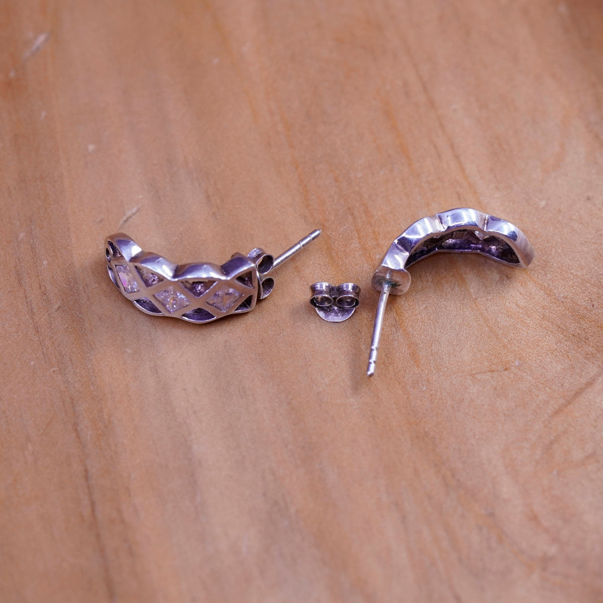 Vintage Sterling 925 silver huggie studs earrings with clear Cz