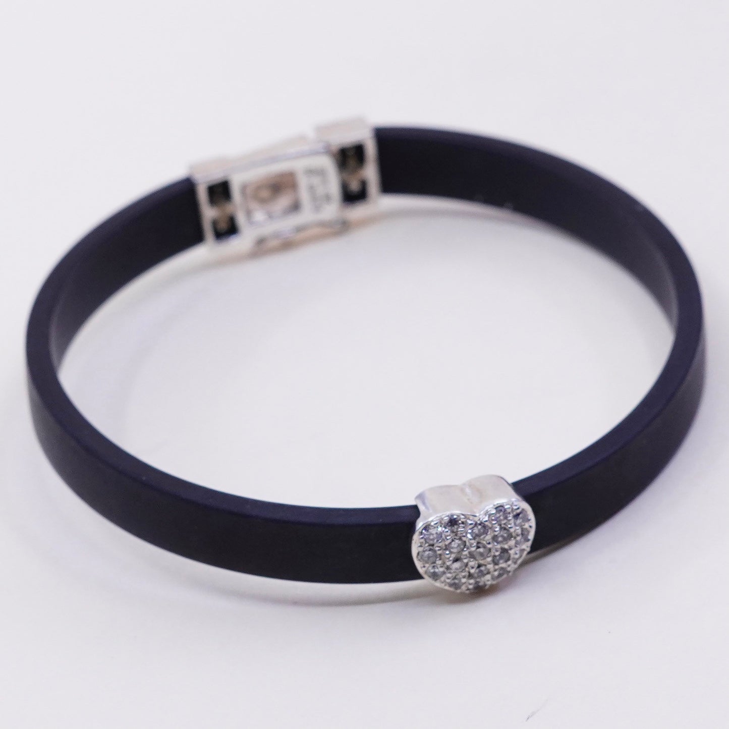 7”, Vintage black rubber bracelet with sterling 925 silver heart and cluster Cz