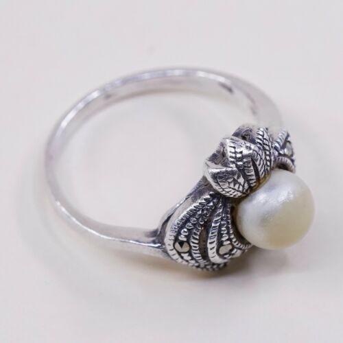 Sz 7.25, Vtg Sterling Silver Handmade Ring, 925 Silver W/ Faux pearl N Marcasite