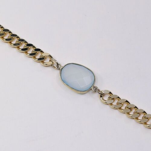 6.75+1”, Vermeil Gold Over Sterling Silver Bracelet, 925 Curb Chain W Chalcedony