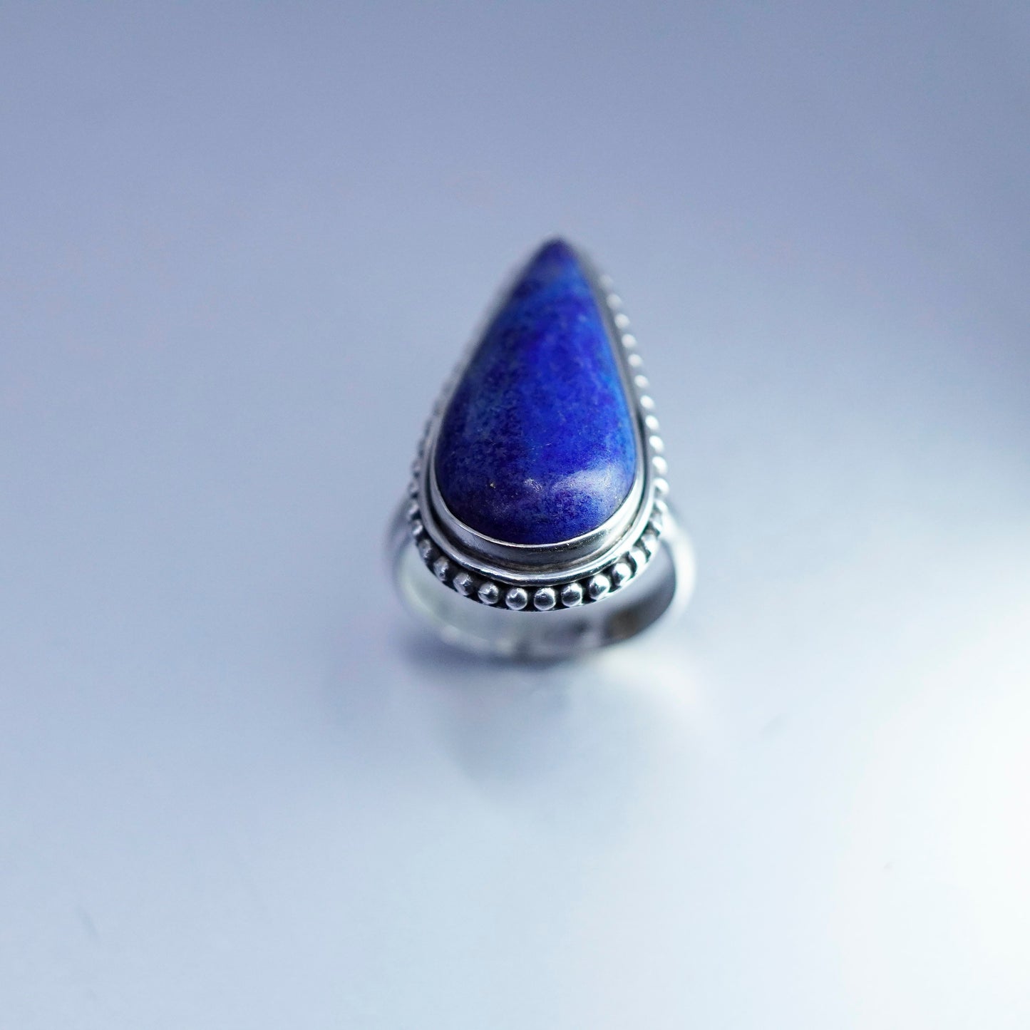 Size 8, Sterling 925 silver handmade ring with teardrop lapis lazuli and beads