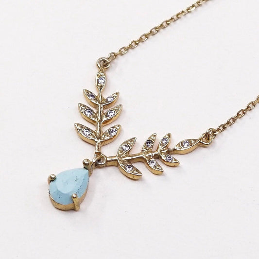 16", gold sterling 925 silver necklace chain w/ leaves pendant N turquoise
