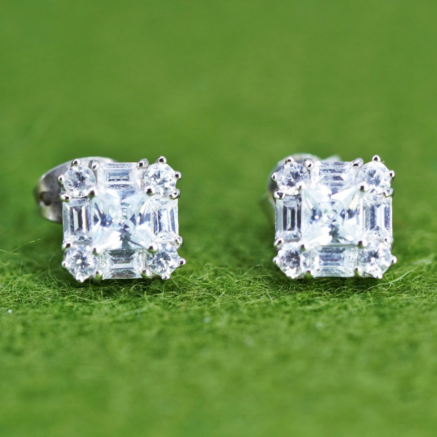 Vintage sterling silver 925 cluster cz studs, square earrings