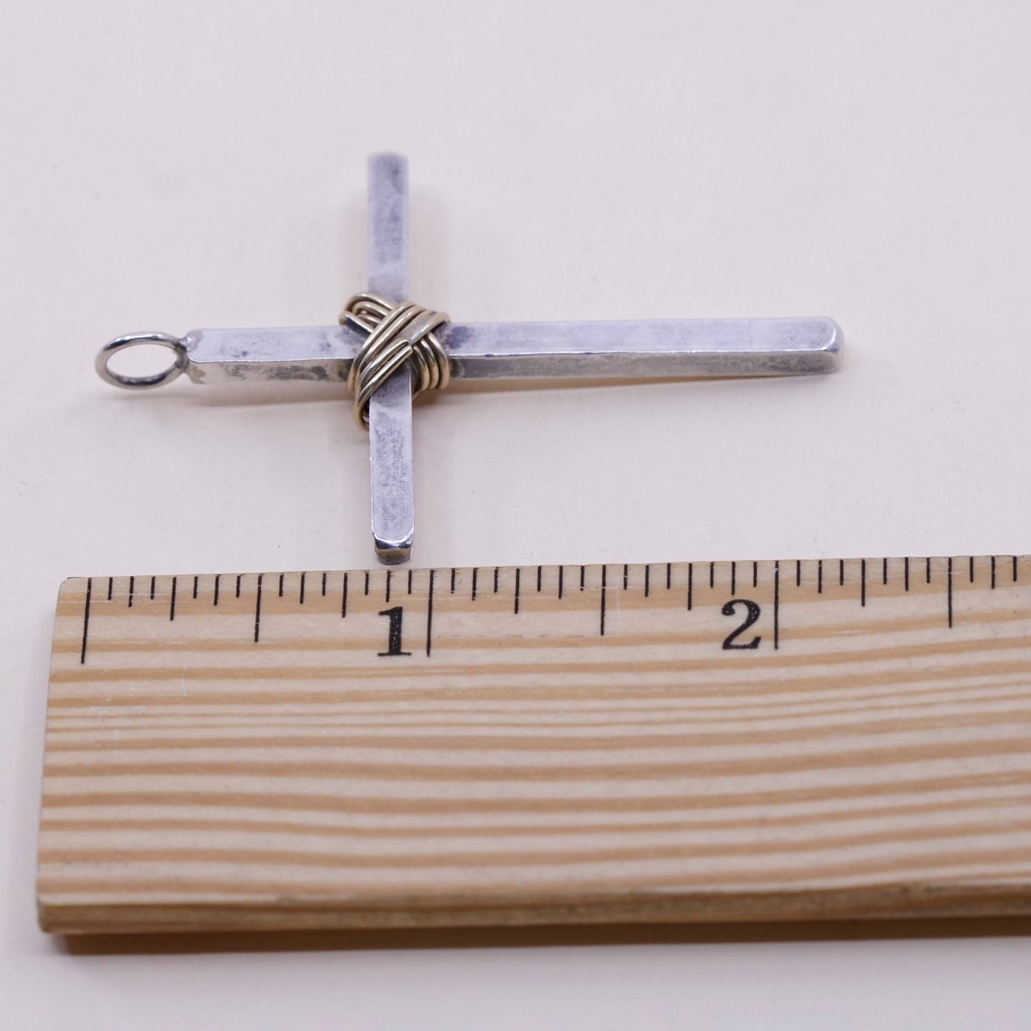 Vintage handmade Sterling silver pendant, 925 cross with brass wired