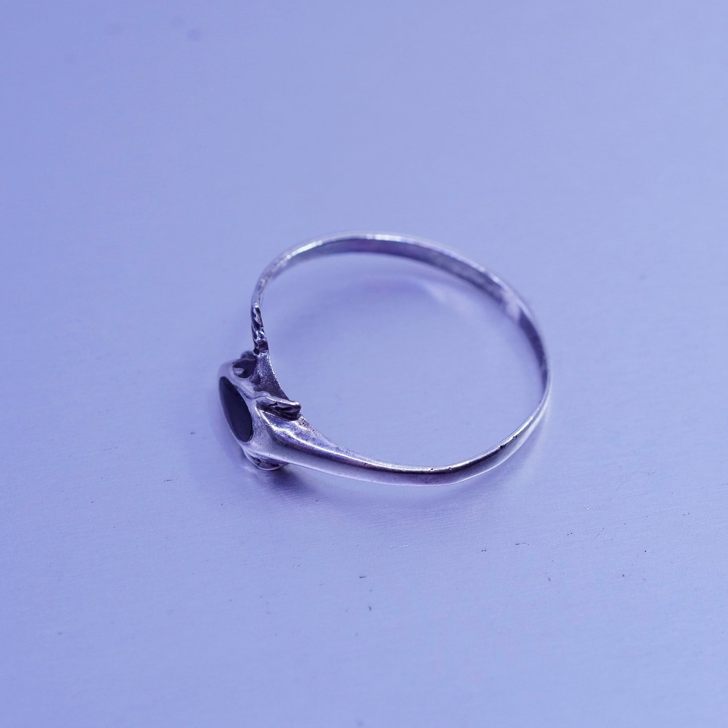Size 8, vintage modern Sterling 925 silver handmade dolphin ring with obsidian