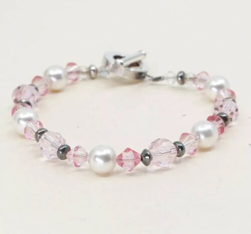 7”, Vtg Sterling Silver Handmade Bead Bracelet, taxco 925 n Pink Crystal Pearl