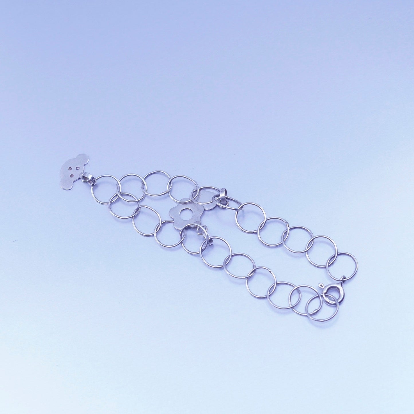 7.25”, Sterling 925 silver bracelet, circle chain flower teddy bear charms