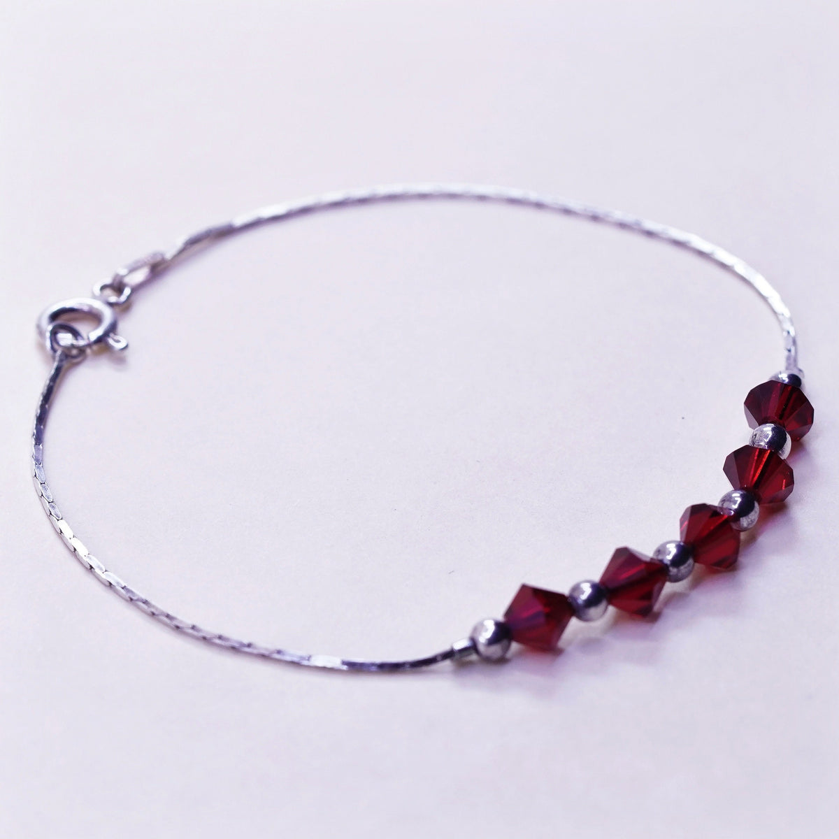 6.75”, Vintage sterling silver snake bracelet, 925 chain with ruby beads