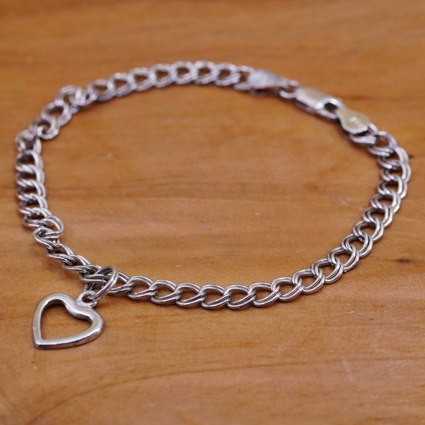 8”, Sterling silver handmade double curb chain, 925 bracelet heart charm