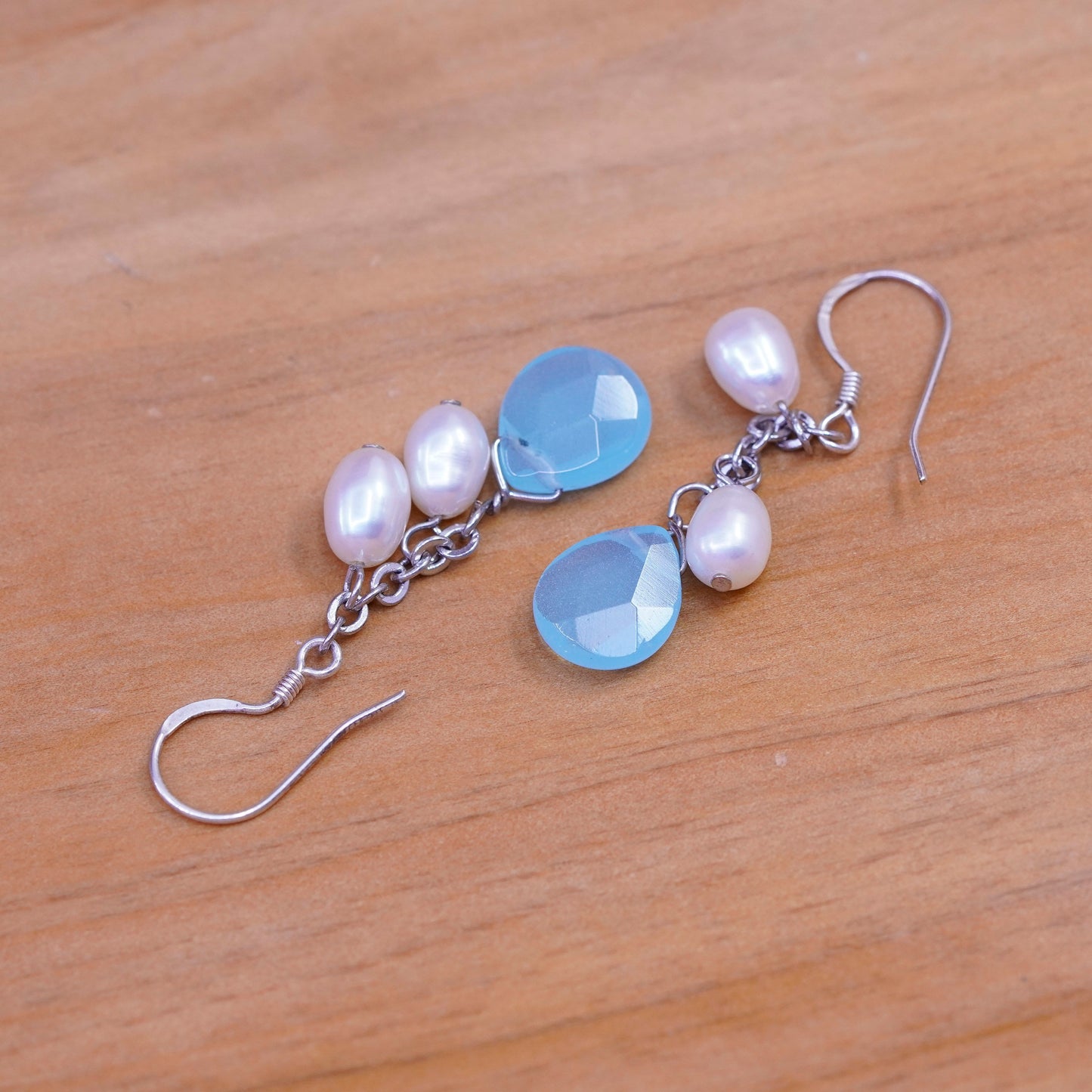 Vintage Sterling 935 silver handmade earrings with teardrop jade and pearl