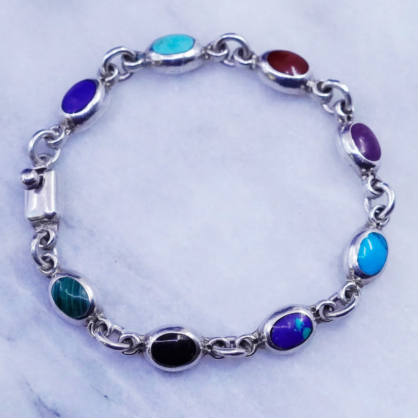 7”, vtg Sterling 925 silver handmade tennis bracelet obsidian onyx malachite