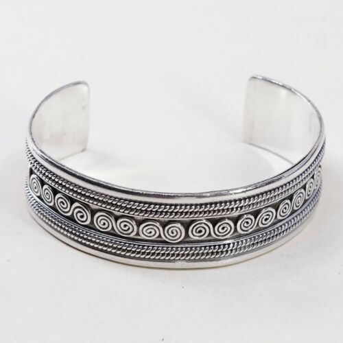 7”, Vtg Braid Sterling Handmade Cuff, 925 Silver Bracelet W/ Cable N Swirl