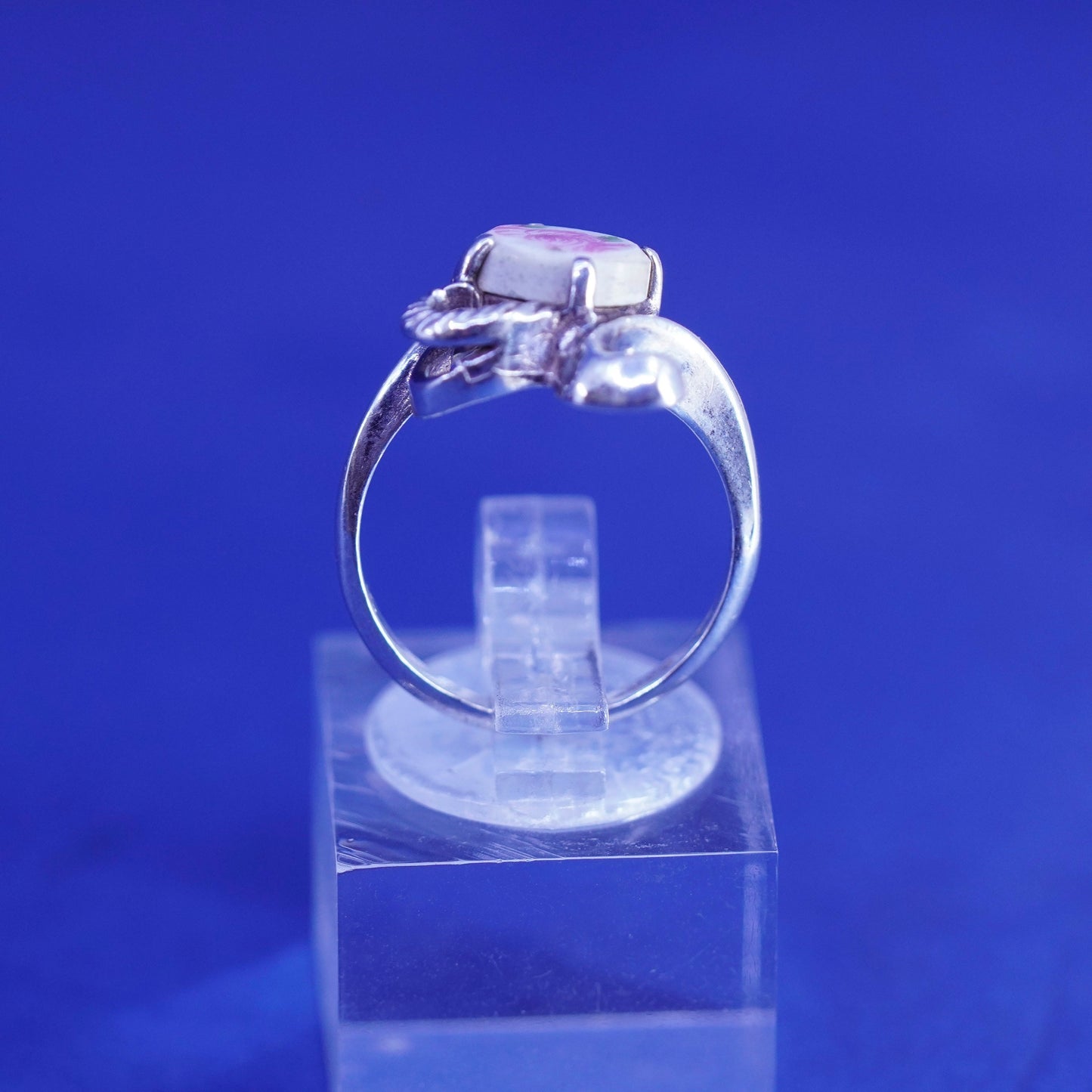 Size 5, vintage Sterling silver handmade ring, 925 band with flower ceramics