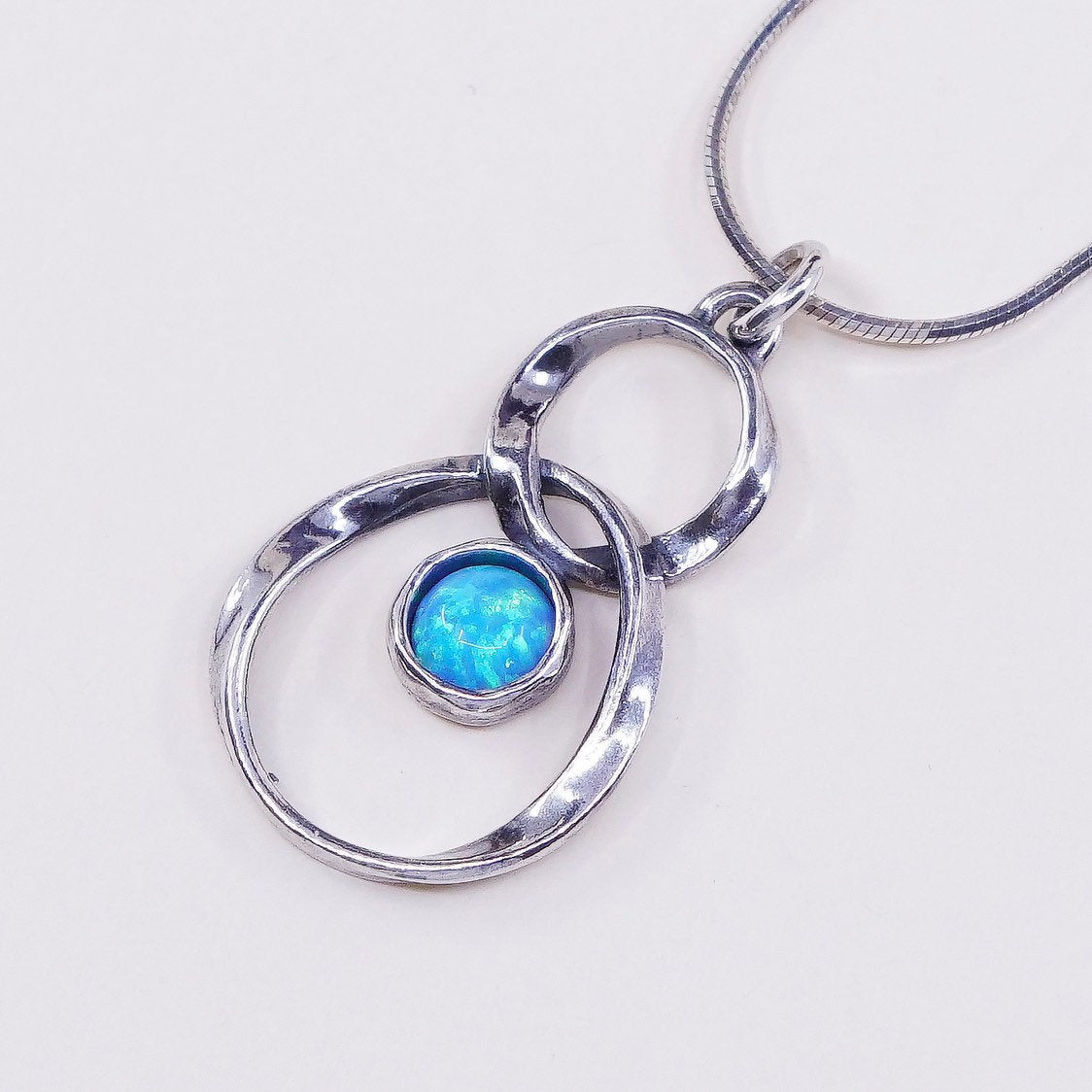 16", 1mm, vtg shablool sterling silver snake chain w/ handmade opal pendant