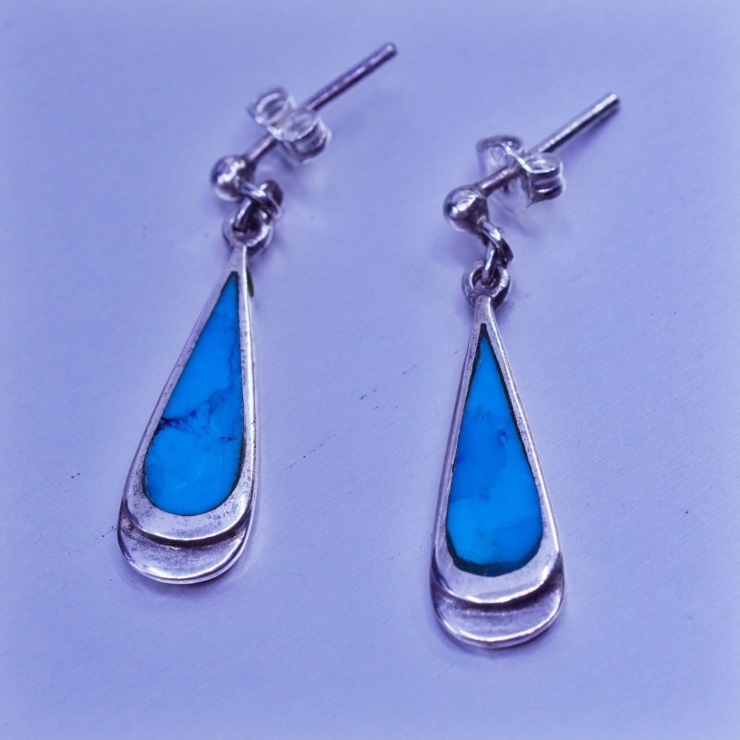Vintage Sterling 925 silver handmade earrings with teardrop turquoise