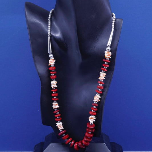 22”, vintage handmade necklace, coral beads w/ pink MOP N sterling 925 silver