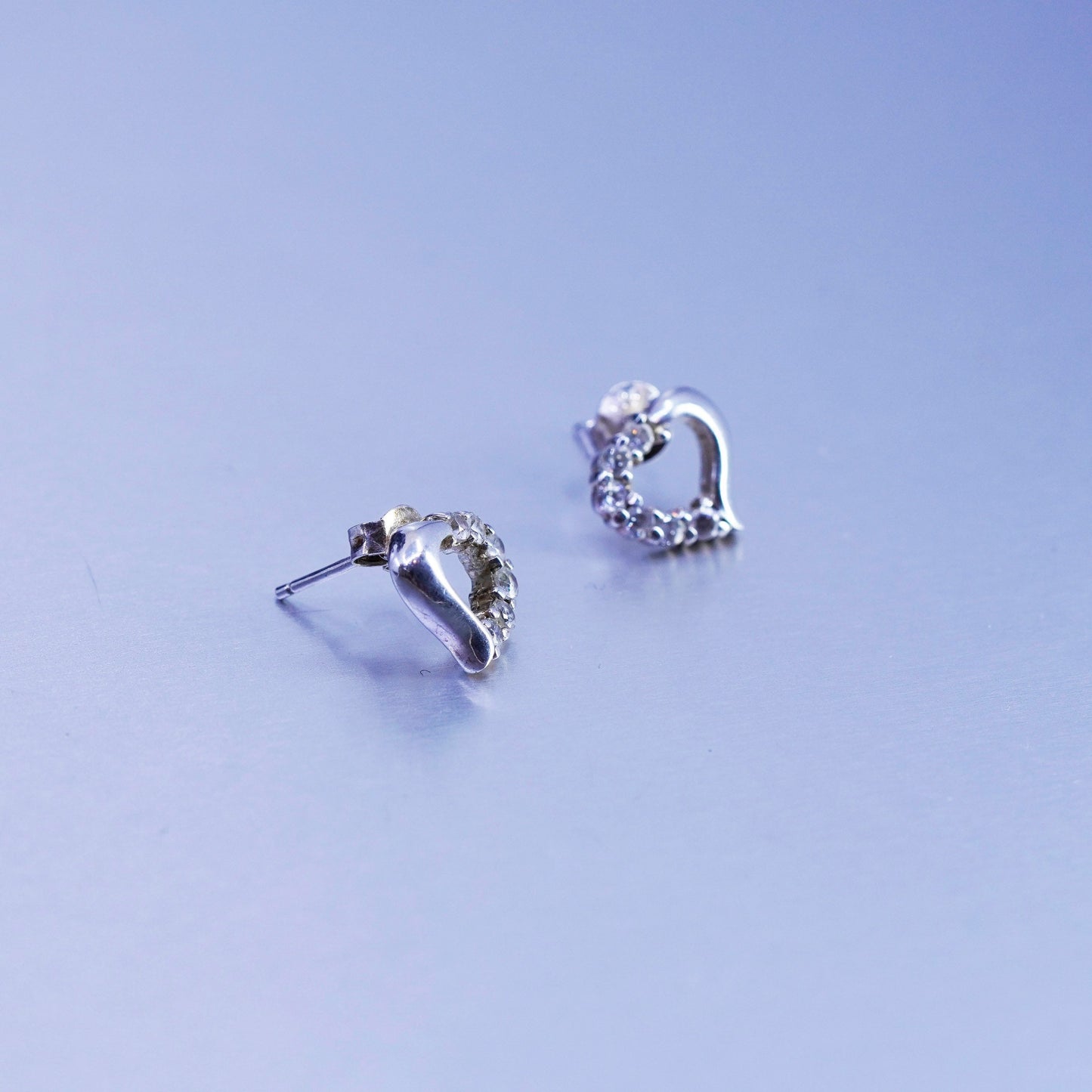 Vintage Sterling 925 silver handmade heart earrings, studs with cz
