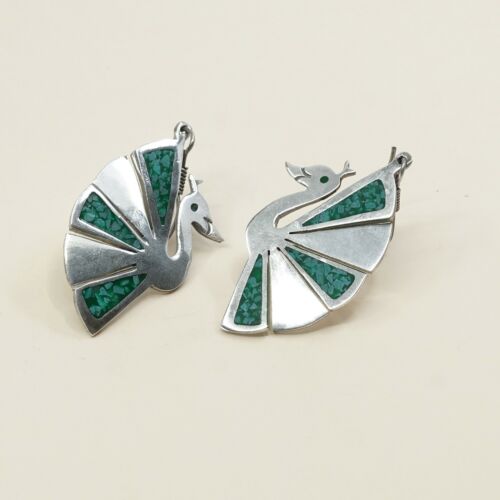 Vintage Southwestern handmade Sterling 925 Silver Peacock Earrings W/ Turquoise