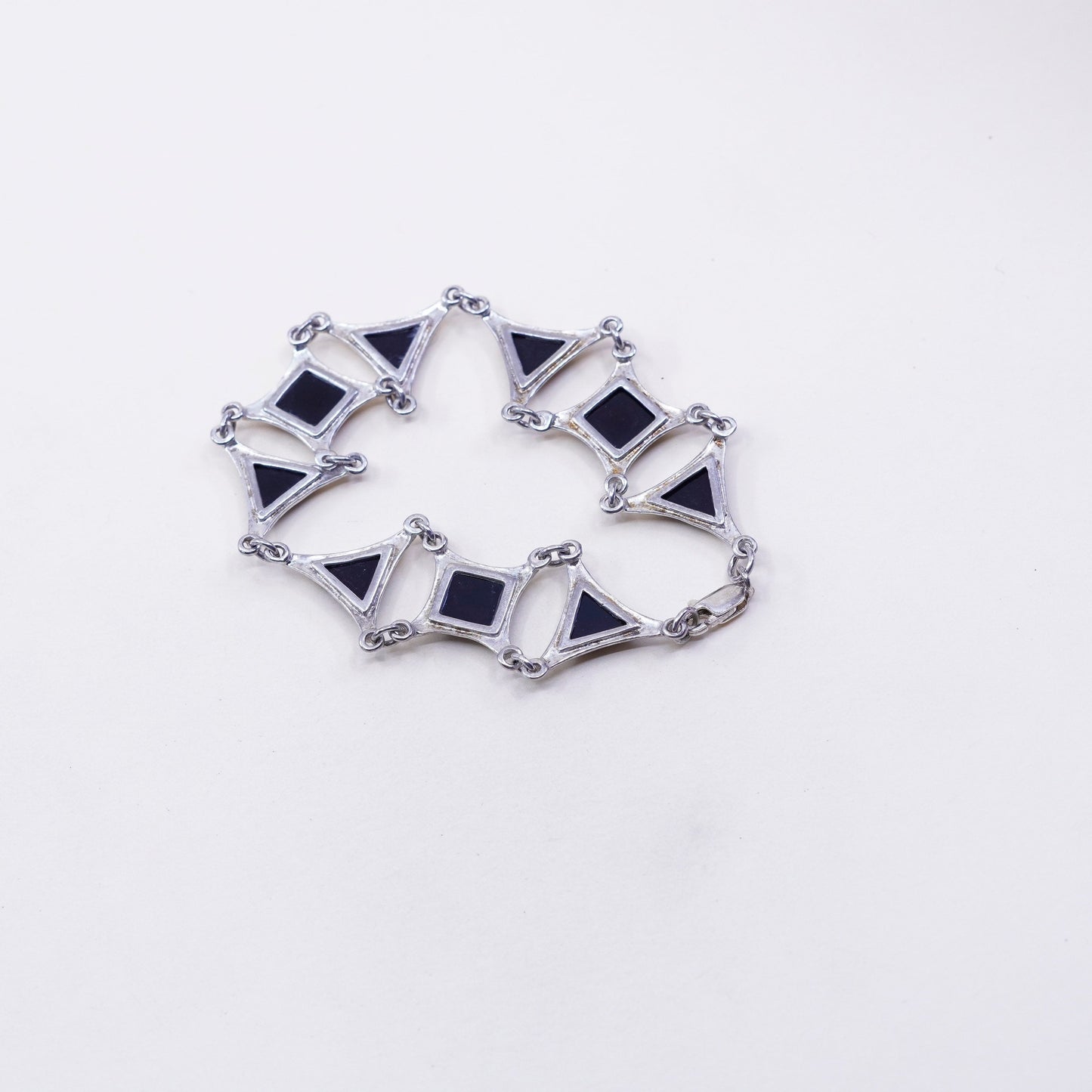 6.75”, Vintage geometrical Sterling 925 silver bracelet with onyx