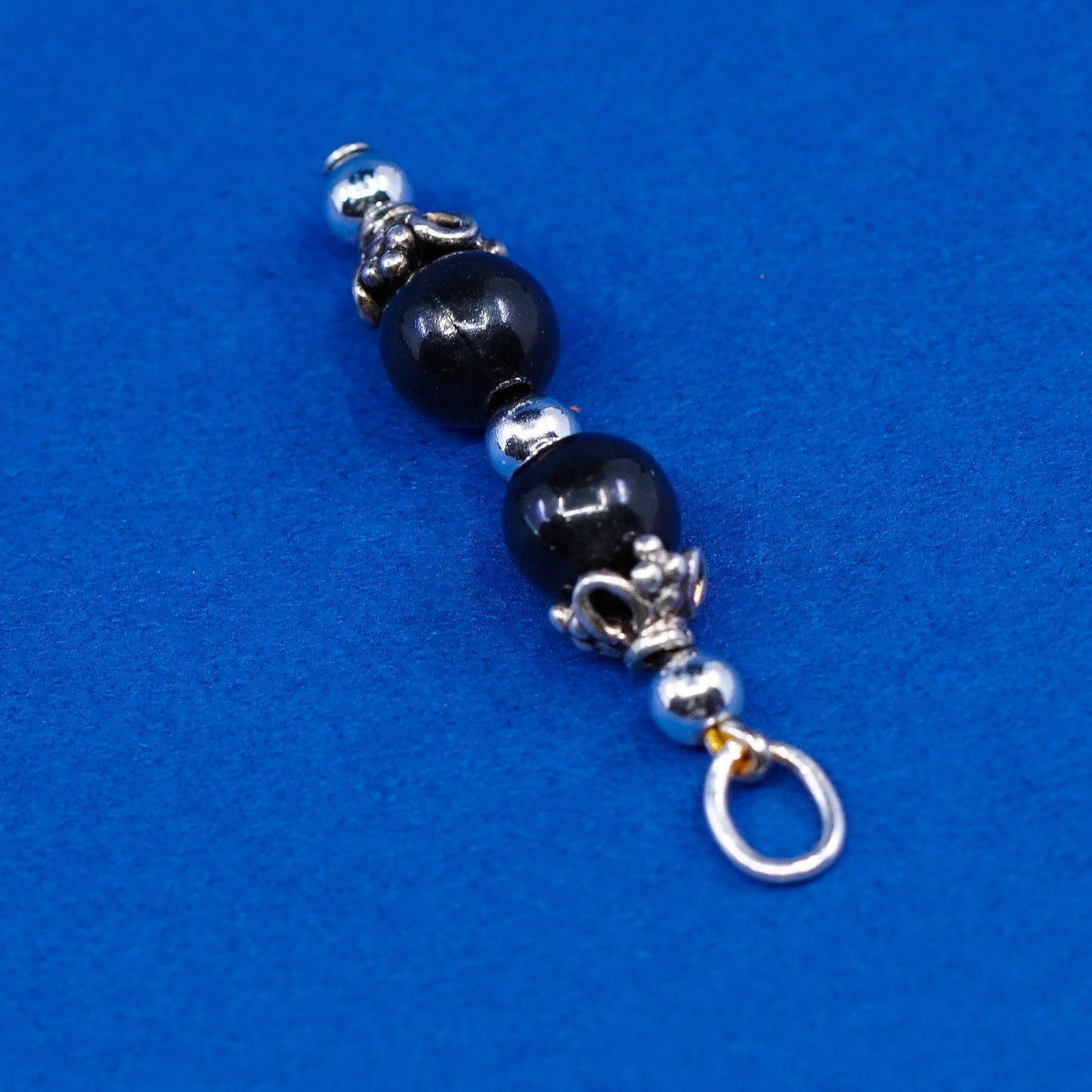 Vintage sterling silver handmade pendant, obsidian bead charm