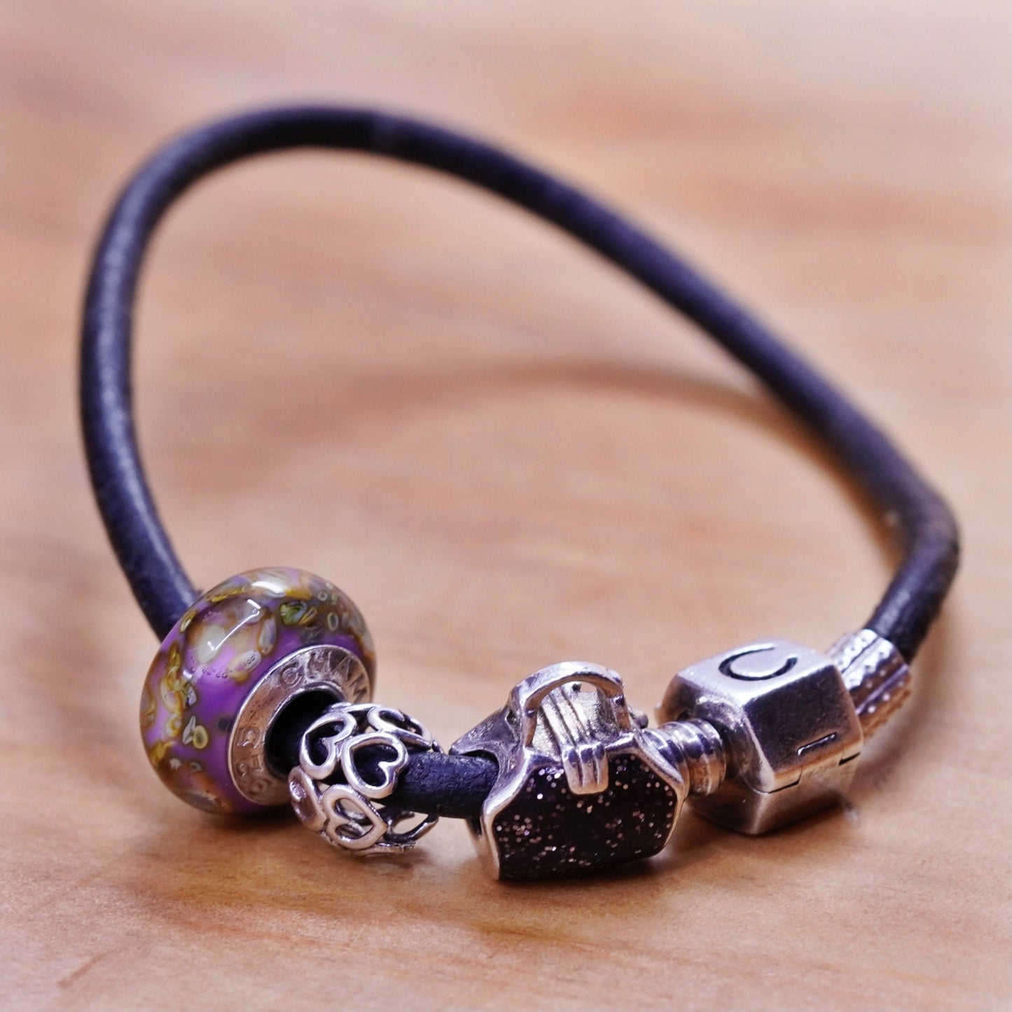 6.5”, CHAMILIA CHAM sterling silver bracelet, 925 leather core Murano glass