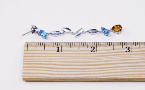 sterling silver handmade earrings, 925 Long Drops w/ teardrop blue topaz Citrine