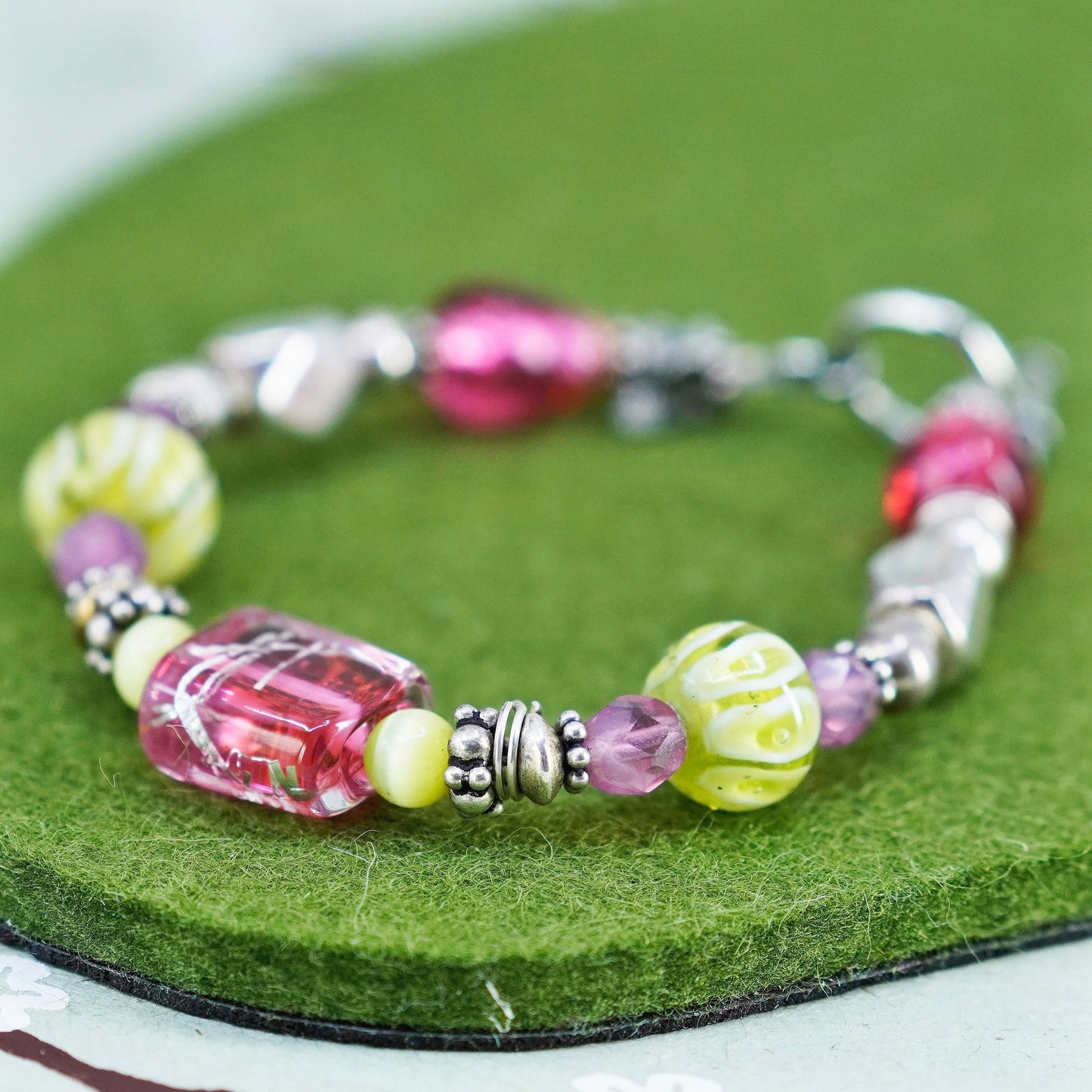 6.5”, vintage 925 Sterling silver bracelet with artisan pink glass beads