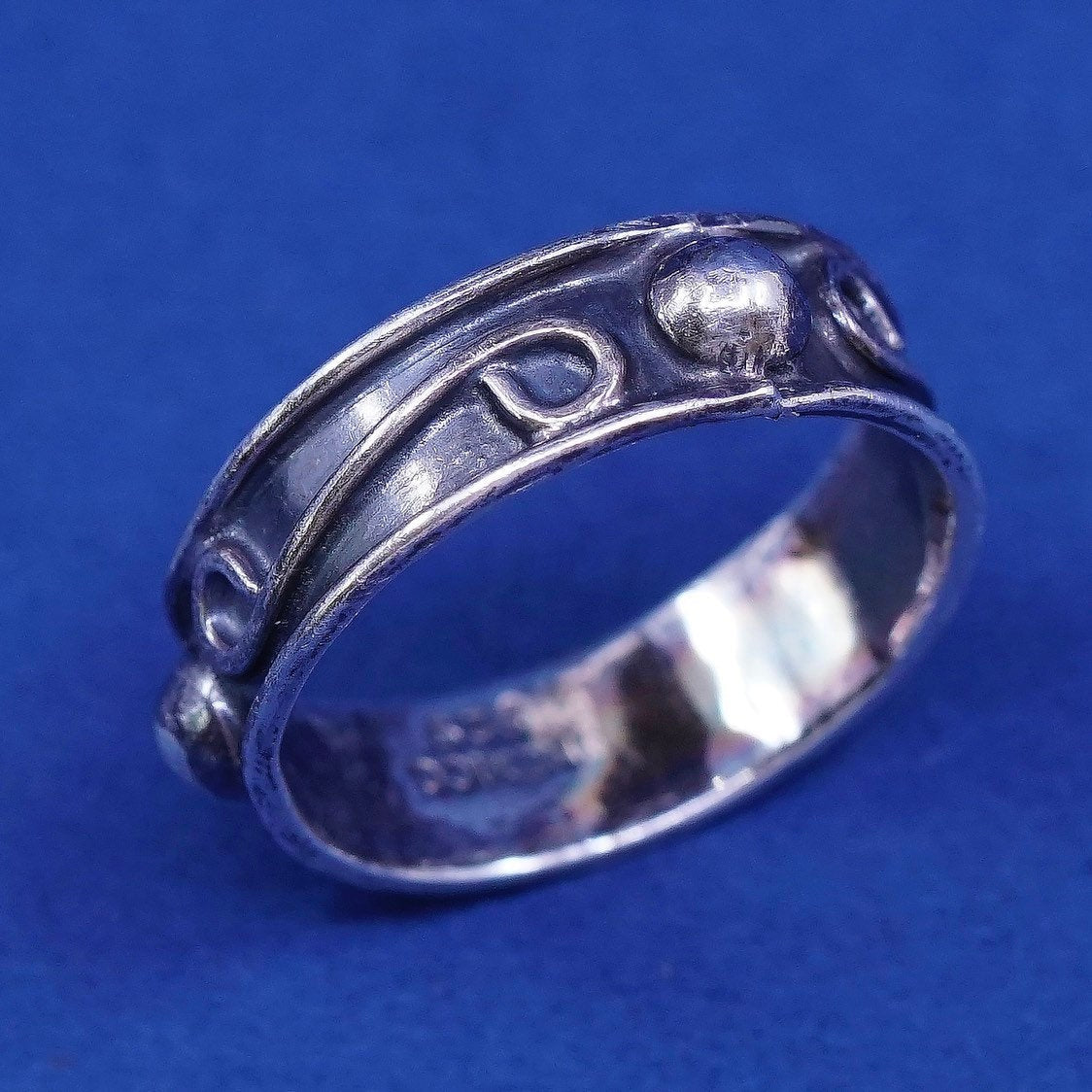sz 6.5, vtg mexico Sterling silver handmade ring, 925 swirl bead band