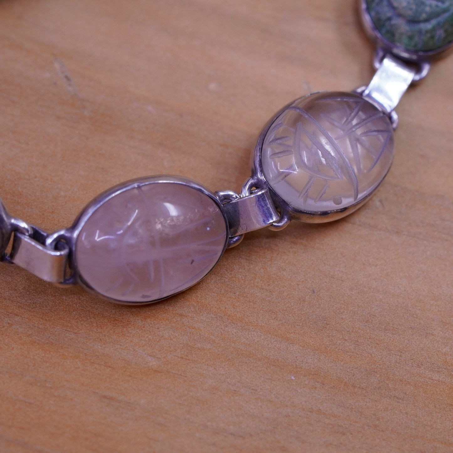 7”, sterling 925 silver handmade carved bracelet jasper obsidian jade quartz