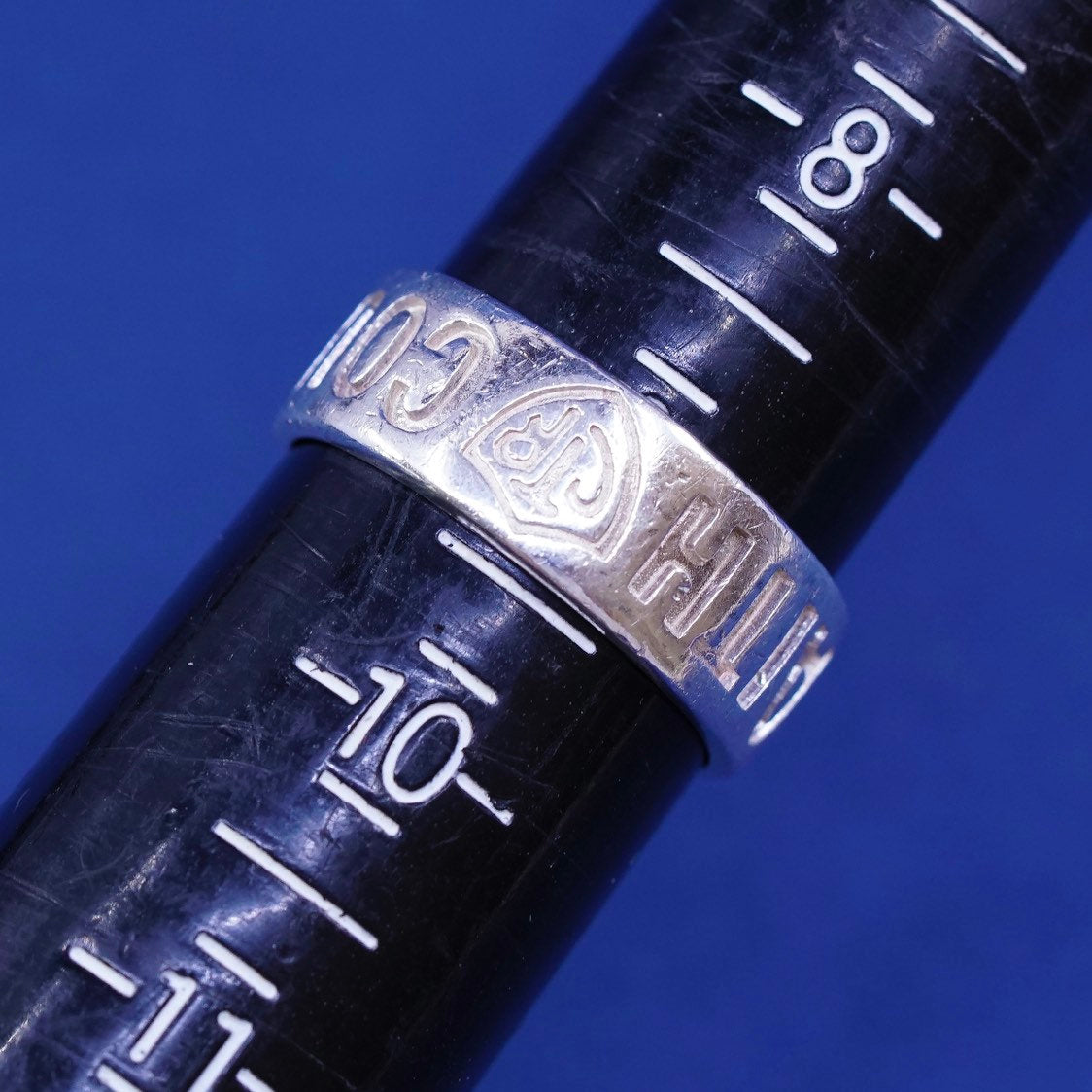 sz 9, vtg Ringmaster sterling silver handmade ring, 925 band w/ faith courage