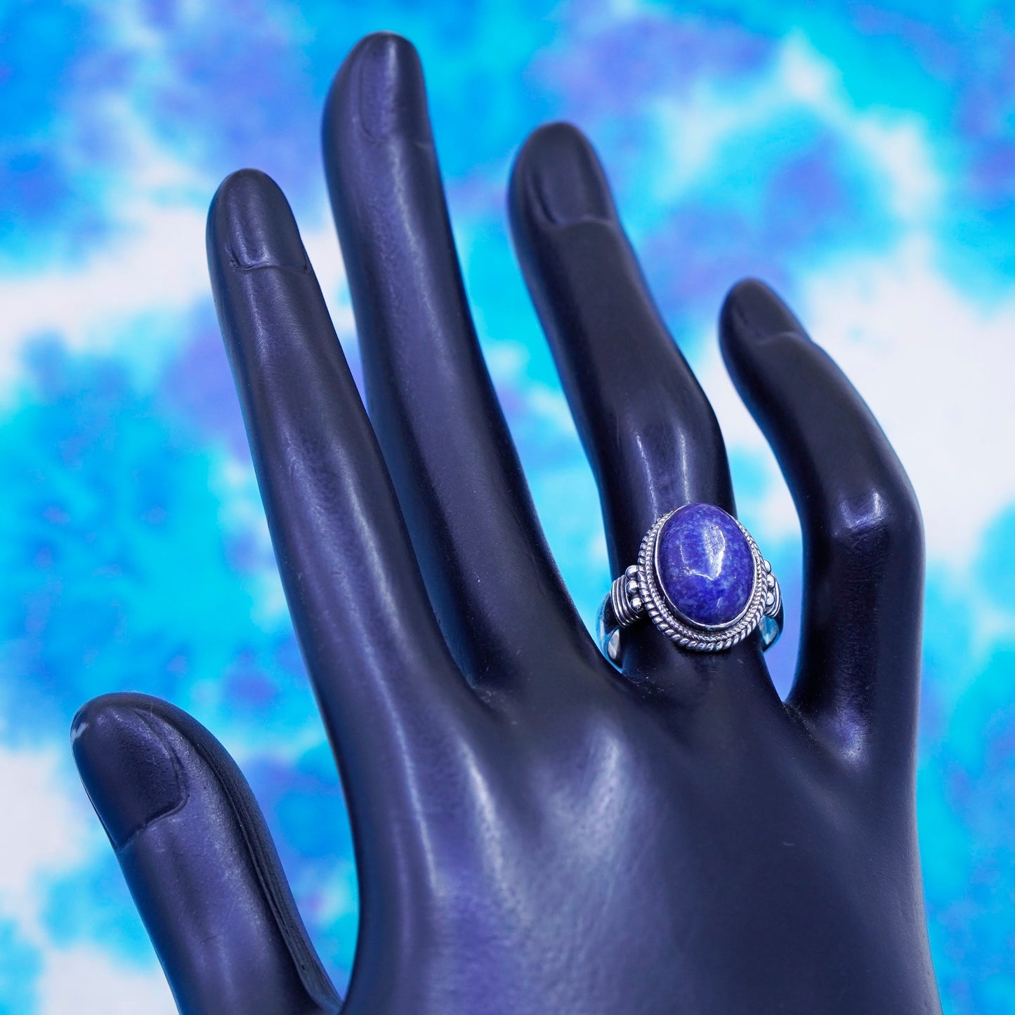 Size 7, vintage sterling 925 silver handmade ring band with sodalite and cable