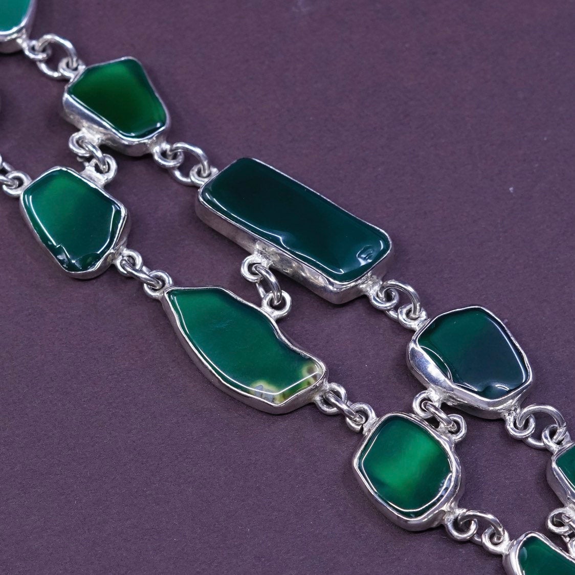 5.75", vtg Sterling silver handmade double strands jade nugget bracelet