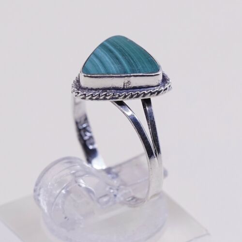 Sz 6, Vtg Sterling Silver Handmade Ring, 925 Silver Band W Malachite Inlay