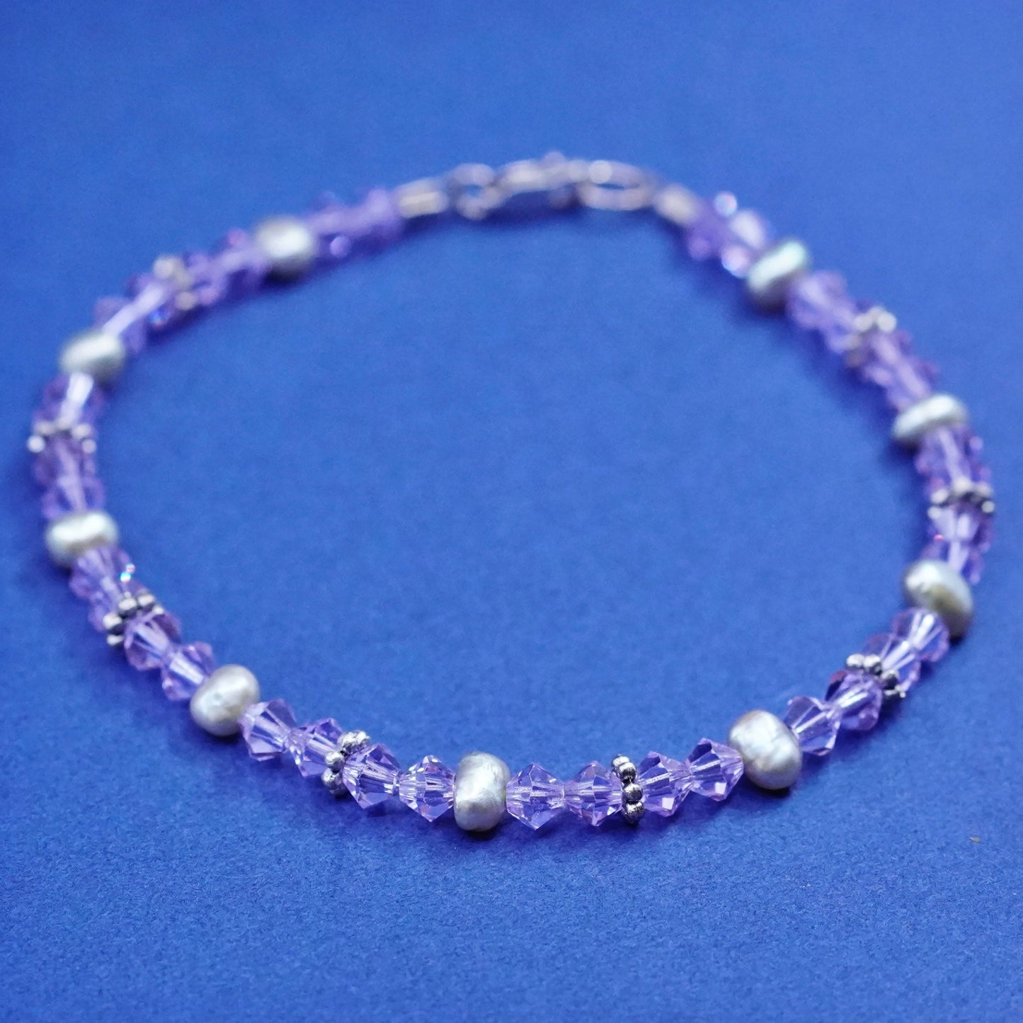 7.25”, vintage sterling 925 silver handmade bracelet with purple crystal beads