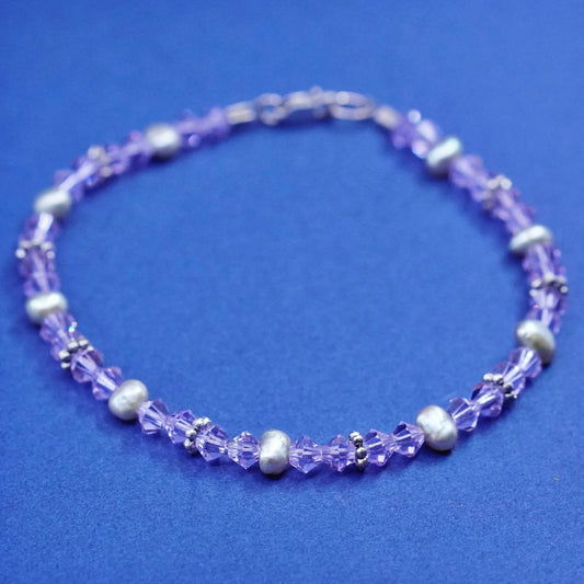 7.25”, vintage sterling 925 silver handmade bracelet with purple crystal beads