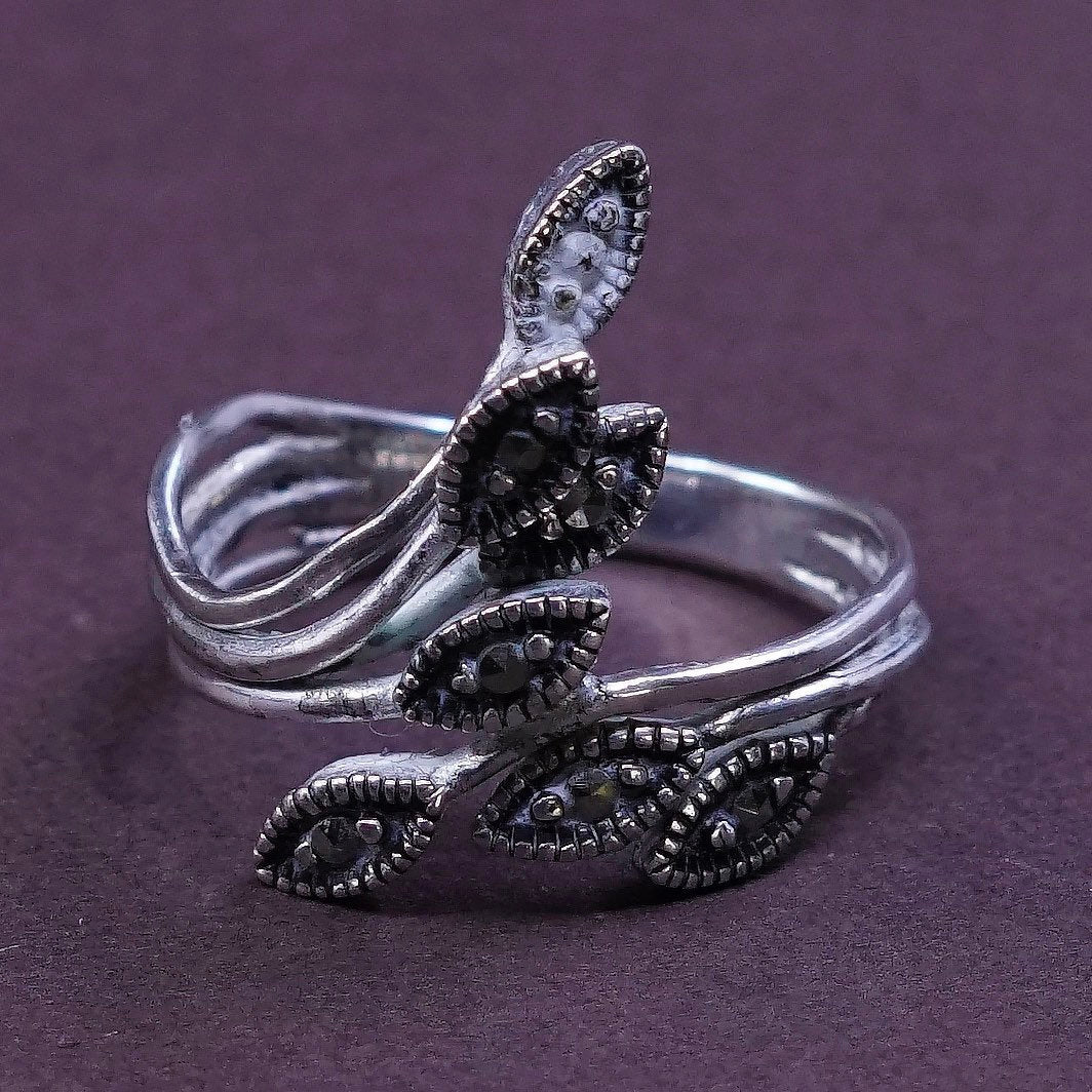 sz 6.75, vtg sterling silver handmade ring southwestern 925 leaves w/ marcasite