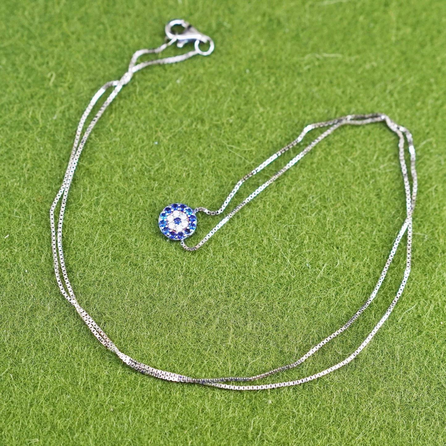 18”, Vintage Sterling silver handmade necklace, 925 box chain sapphire pendant
