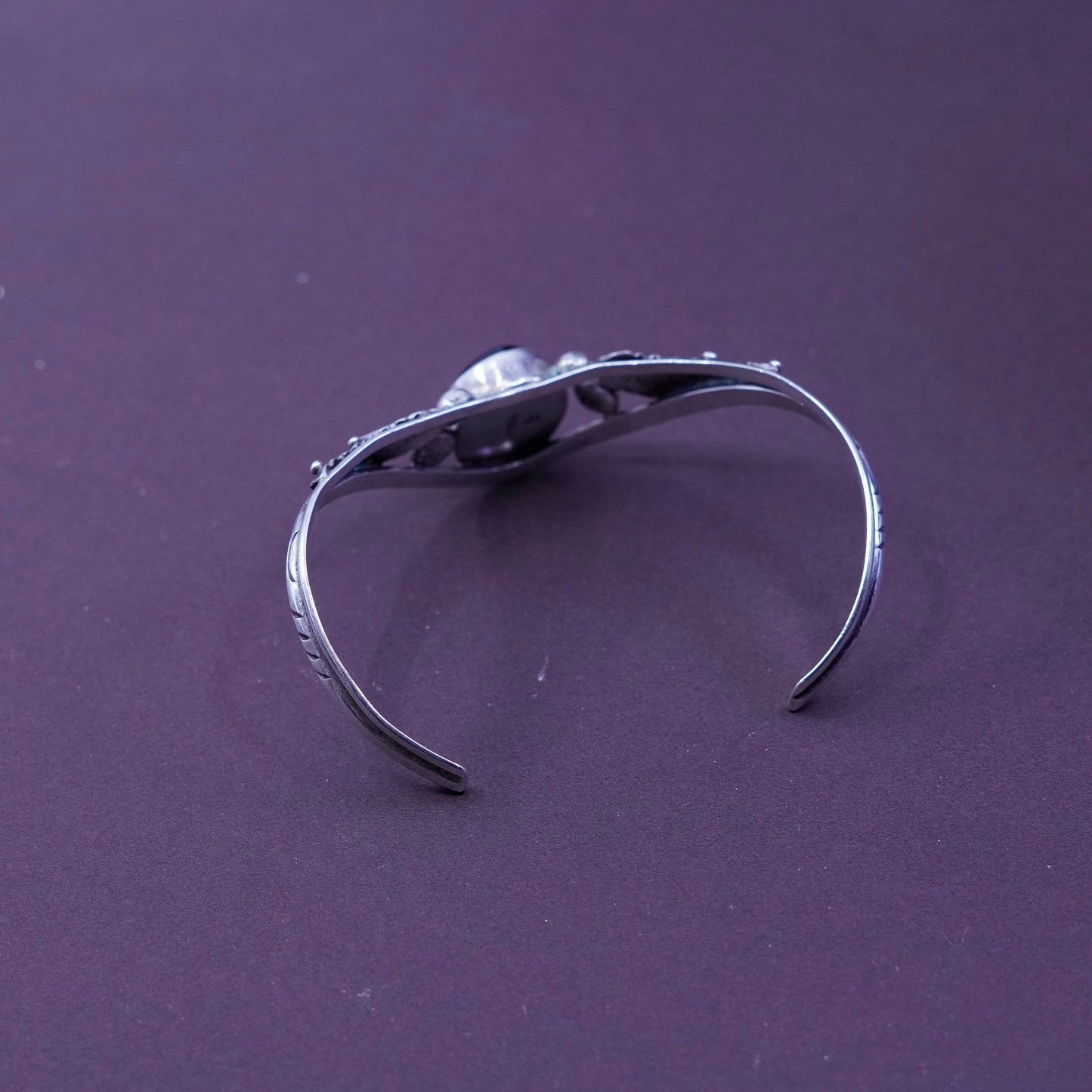 7”, Herbert Platero Navajo Sterling 925 silver bracelet cuff obsidian N leaves