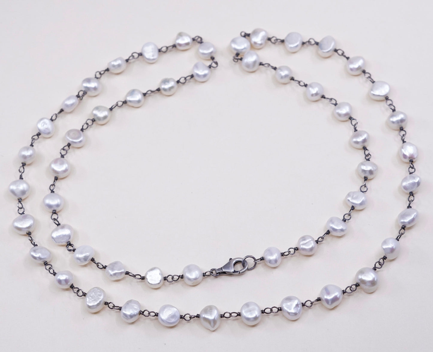 30”, Vintage handmade Sterling silver necklace with pearl beads details