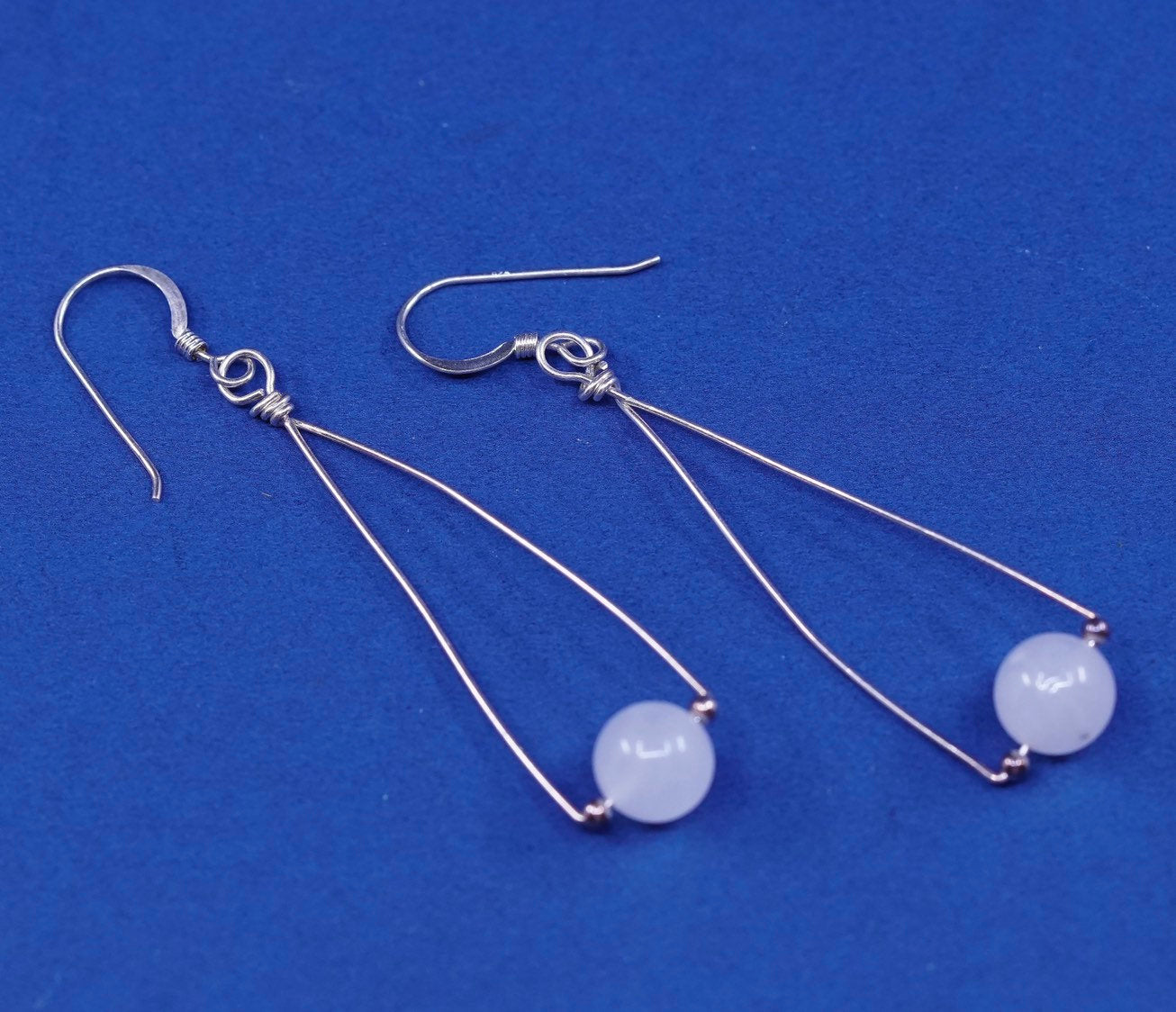 vtg sterling silver handmade earrings, 925 hooks w/ pink quartz drop