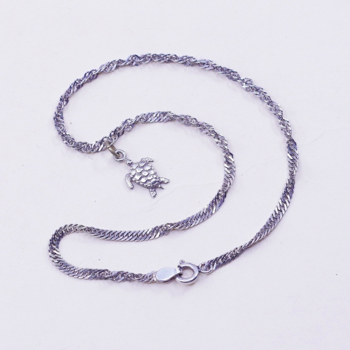 10”, vtg sterling silver bracelet, 925 twisted curb chain anklet turtle charm