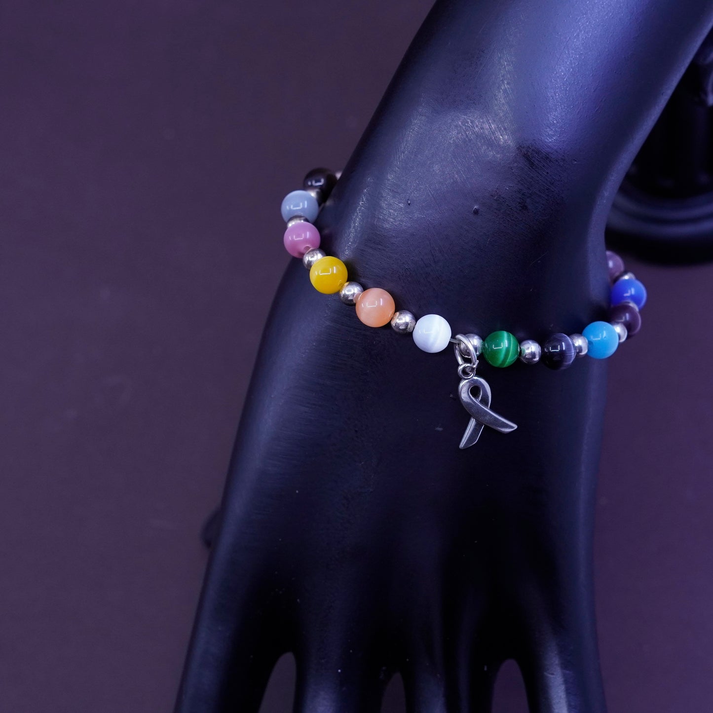 6”, Sterling 925 silver bracelet, elastic band with colorful cat eyes and beads