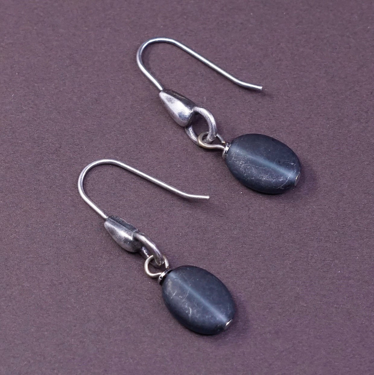 VTG Sterling silver hoop handmade earrings, solid 925 silver black glass beads