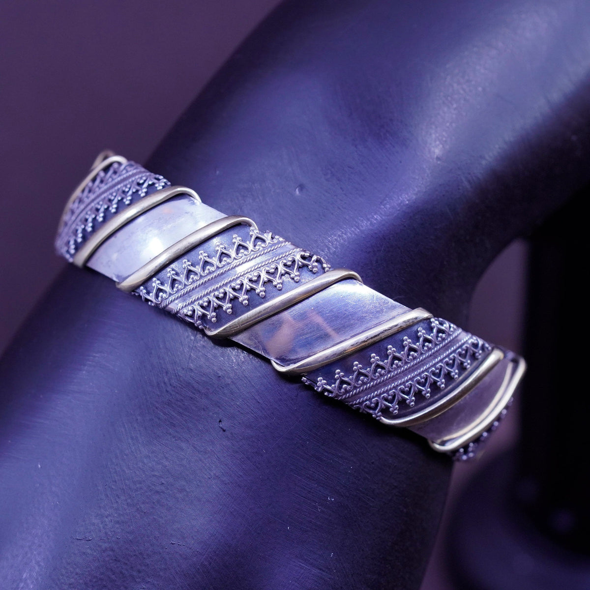 6.5”, mexico two tone Sterling silver handmade bracelet, 925 cuff brass trim