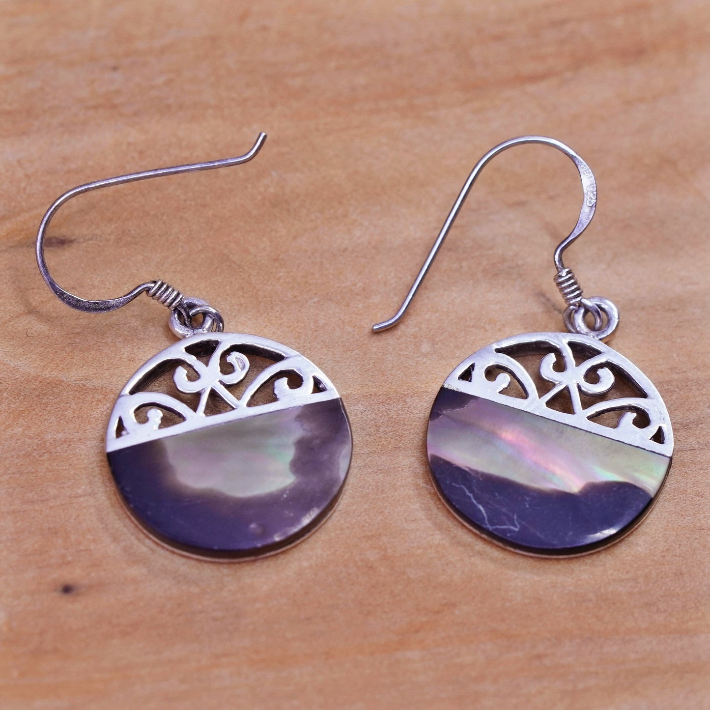 Vintage Sterling 925 silver handmade earrings with abalone and filigree