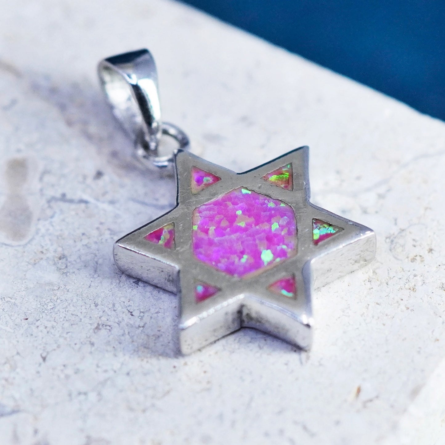 Vintage Sterling silver handmade pendant, 925 hexagram star opal charm
